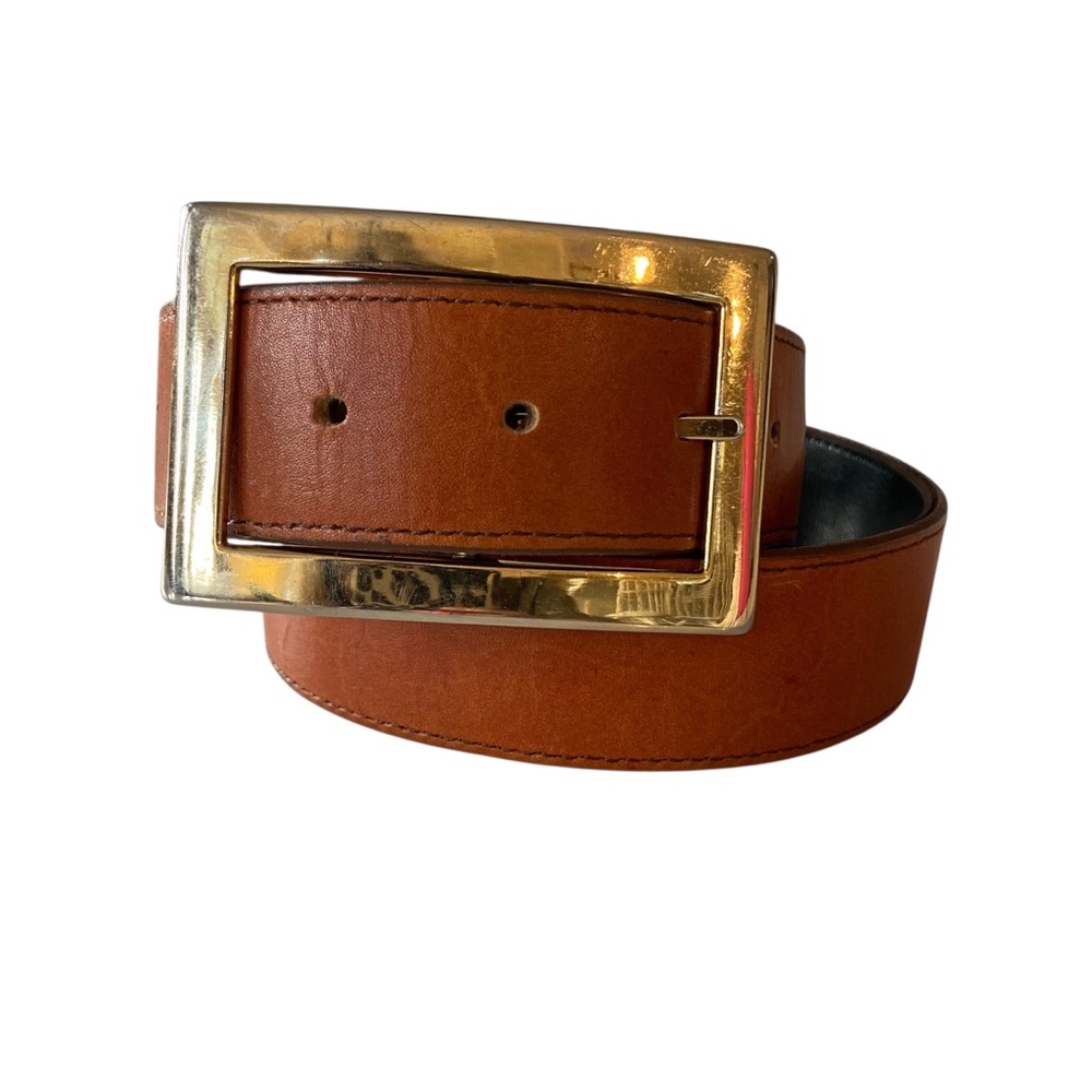 Vintage Brown Leather Belt Gold Rectangle Buckle Medium Classic